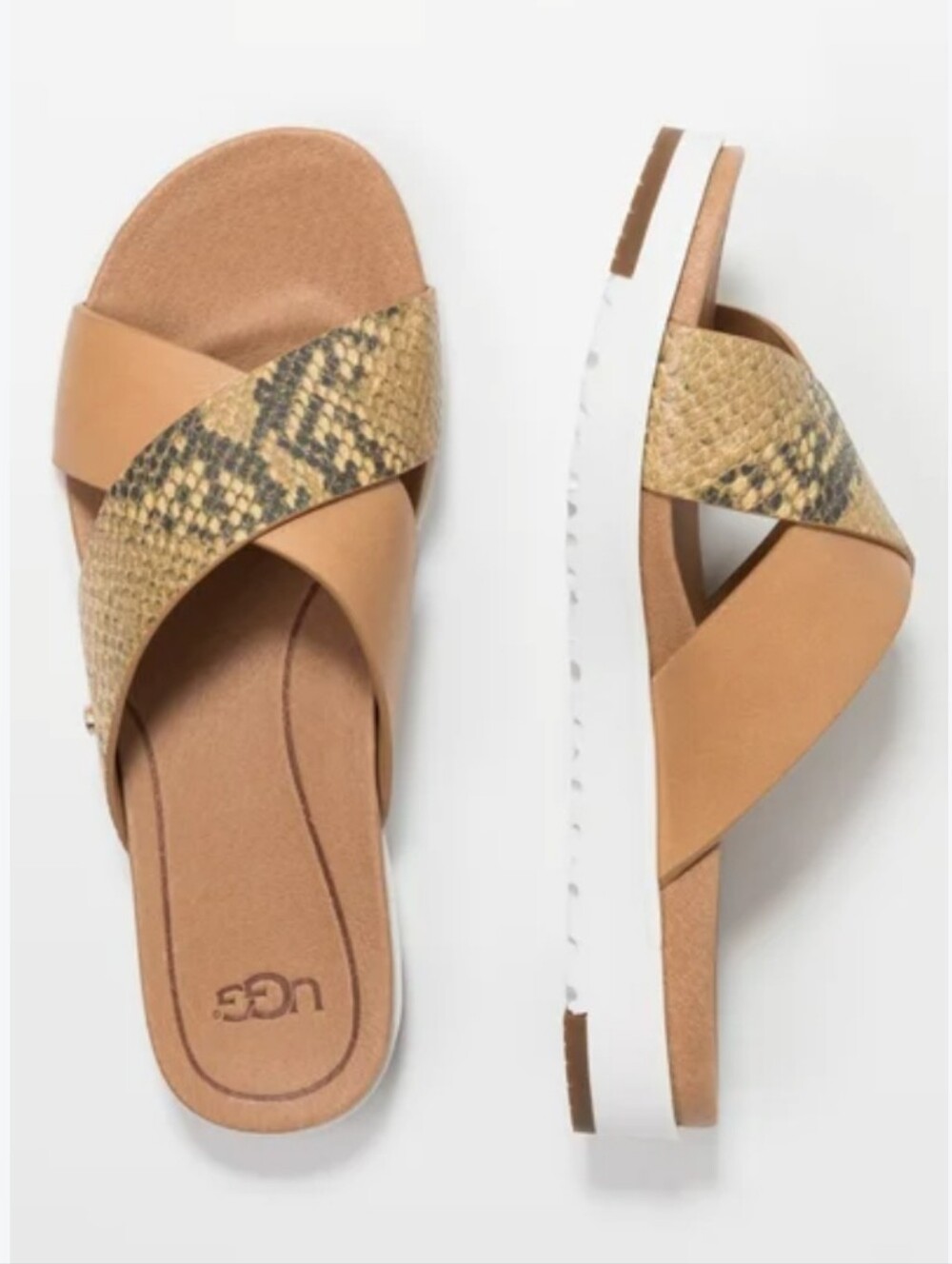 UGG Kari Exotic Beige Snake-Print Crossover Slide Leather Sandals Women's 9.5
